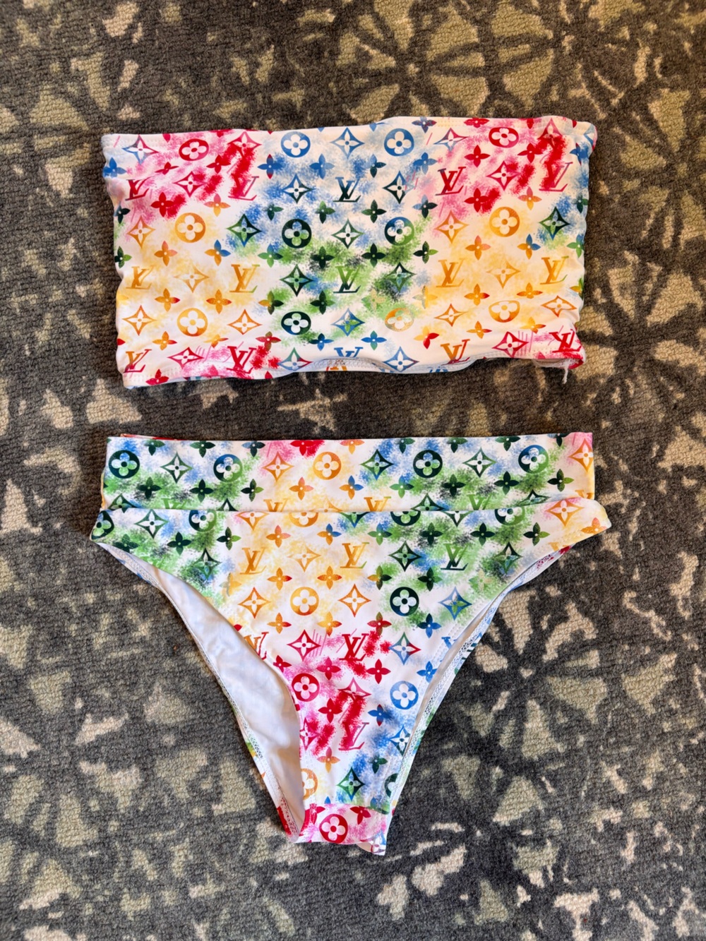 Designer inspired two-piece swimsuit watercolor-style monogram print size M/L